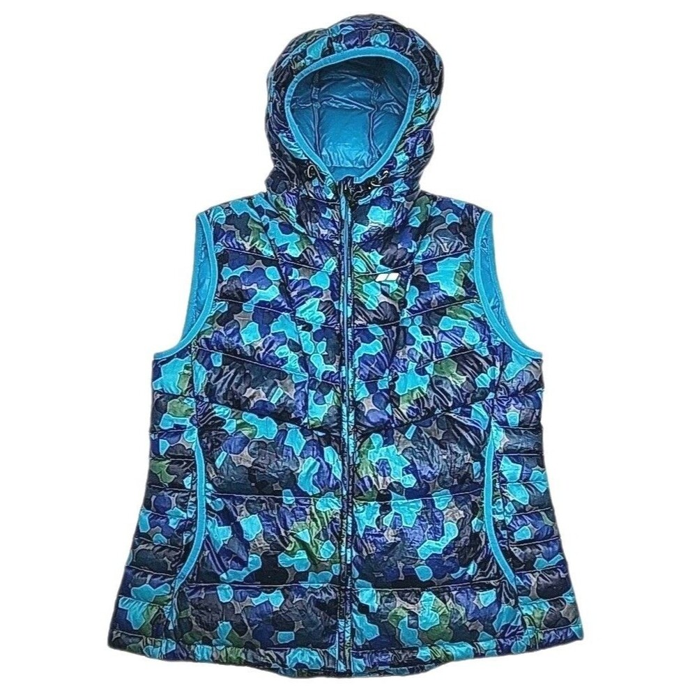 Koppen Puffer Vest Women Sz Large Full Zip Down Hood Blue Camo Lightweight Hike